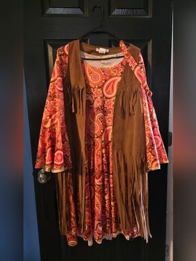 Boho Paisley Bell-Sleeve Dress with Fringe Vest- Halloween Costume